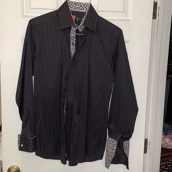 Coogi Classic black pin-stripped w/ leopard cuffs, neckline and button strip - Picture 8 of 13